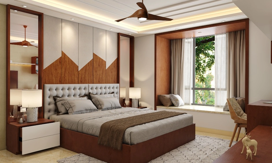 A Brown And White Bedroom With A Sleek Dresser And TV Unit-1