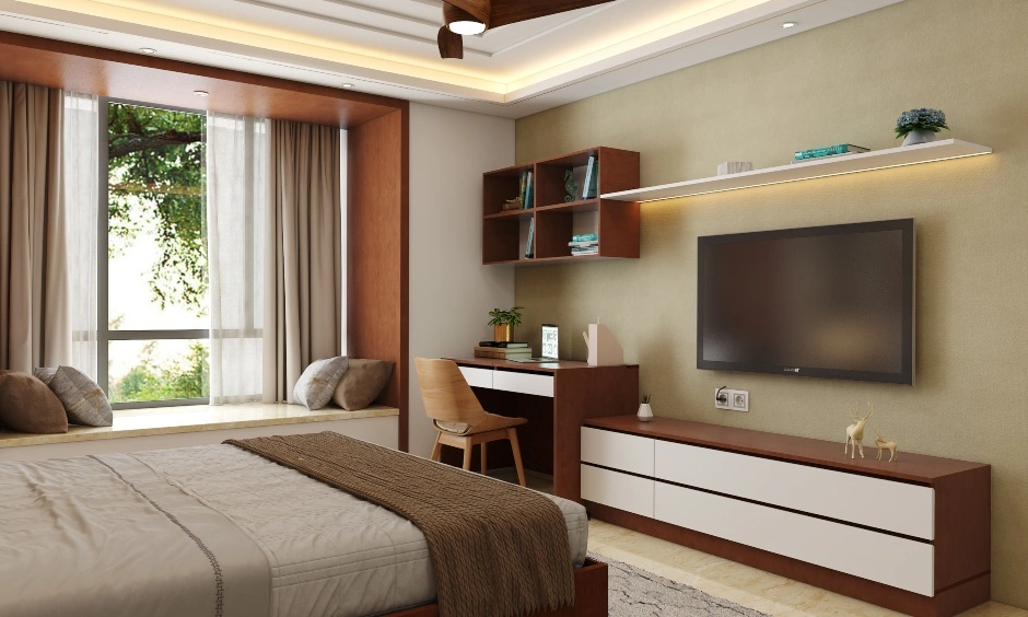 A Brown And White Bedroom With A Sleek Dresser And TV Unit-2