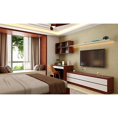 A Brown And White Bedroom With A Sleek Dresser And TV Unit-2