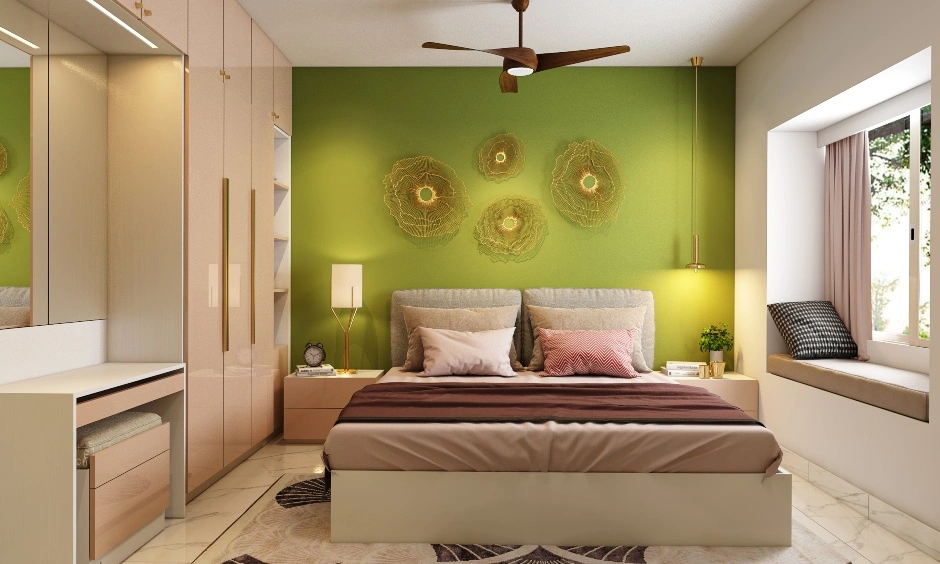 A Pink And Olive Green Bedroom With Space Saving Furniture-DC549