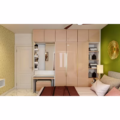 A Pink And Olive Green Bedroom With Space Saving Furniture-3