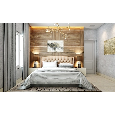 A Neutral Toned Bedroom With Space Saving TV Unit Cum Dresser-3