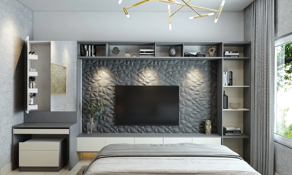 A Neutral Toned Bedroom With Space Saving TV Unit Cum Dresser-5