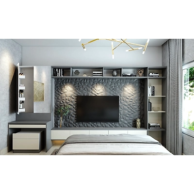 A Neutral Toned Bedroom With Space Saving TV Unit Cum Dresser-4