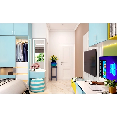 A Pastel Bedroom With A Modular TV Unit-4