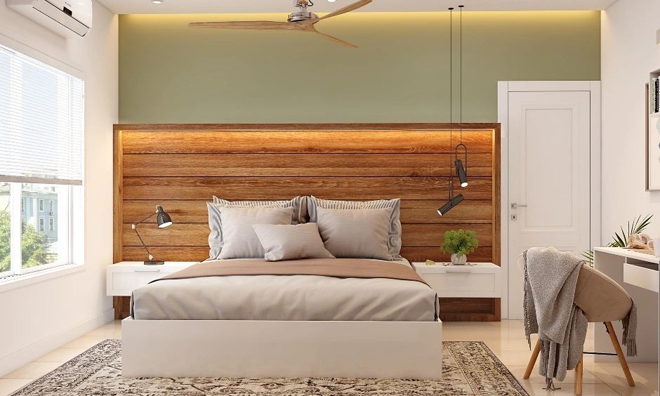 A Chic Bedroom With Wood Finished Extended Headboard-DC566