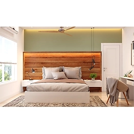 A Chic Bedroom With Wood Finished Extended Headboard