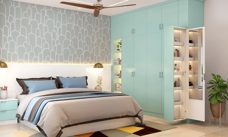 A Modern Bedroom With Cool Tones And A Pull-Out Dresser Unit-2