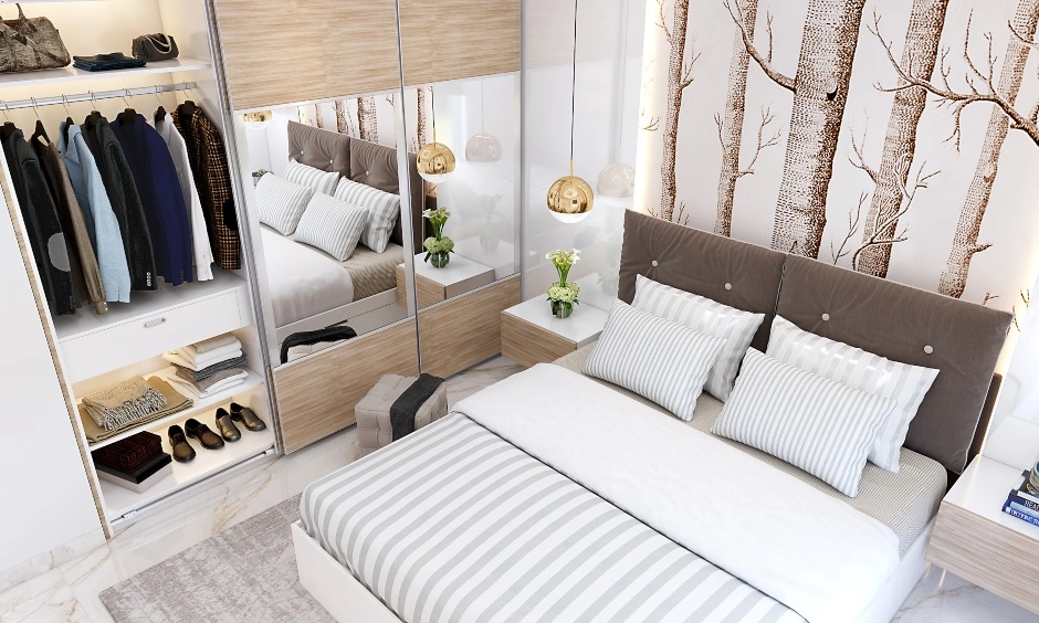 A White Earthy Bedroom Design With A Sliding Door Wardrobe-4