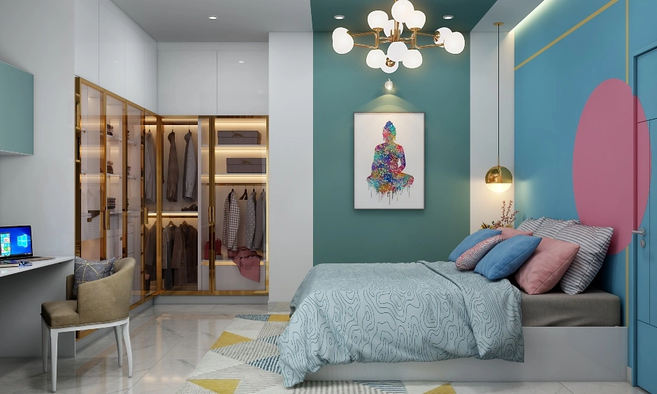 A Bedroom With A Glass Front Wardrobe With Gold Frames-DC573