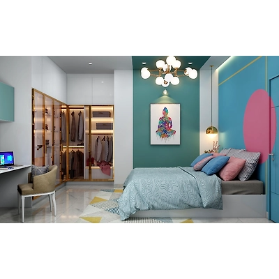 A Bedroom With A Glass Front Wardrobe With Gold Frames-DC573