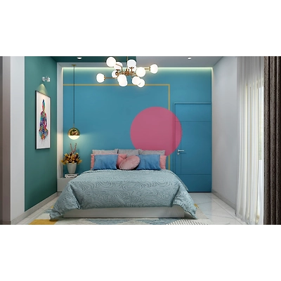 A Bedroom With A Glass Front Wardrobe With Gold Frames-3