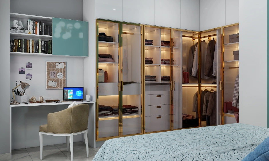 A Bedroom With A Glass Front Wardrobe With Gold Frames-5