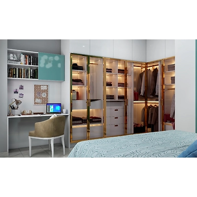 A Bedroom With A Glass Front Wardrobe With Gold Frames-4
