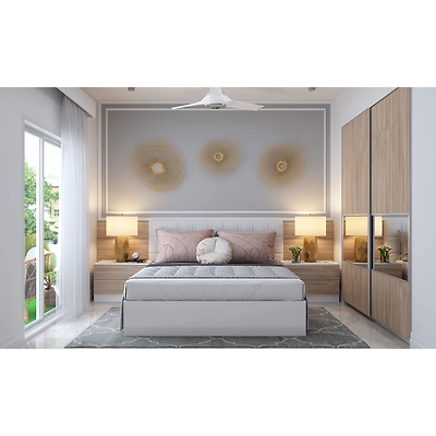 A Simple And Elegant Bedroom In Grey and Wood Laminate