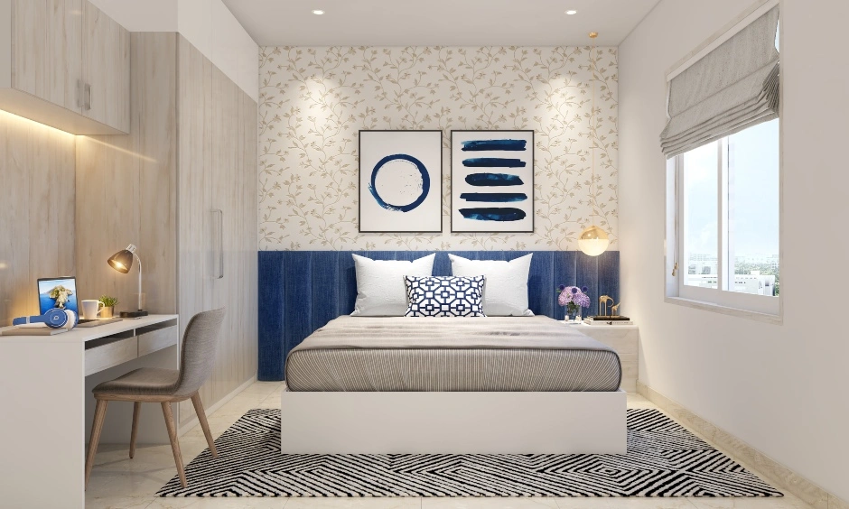 A Cream And Blue Bedroom With Light Wood Modular Furniture-1