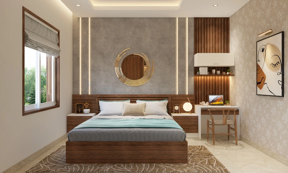 A Bedroom Designed With A Study &amp; Stylish Wood Panelling-1