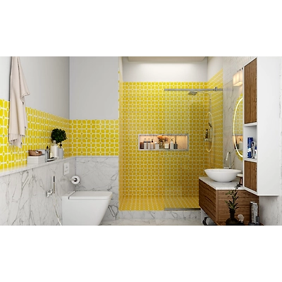 A Fun Bathroom Design With Yellow Patterned Tiles And A Wooden Vanity-DC627