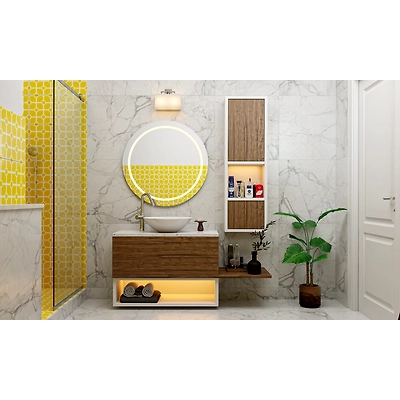 A Fun Bathroom Design With Yellow Patterned Tiles And A Wooden Vanity-1