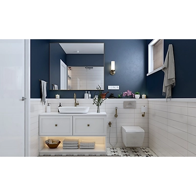 A Modern Classical Bathroom With A Blue Eggshell Wall Finish And Ceramic Tiles-DC629