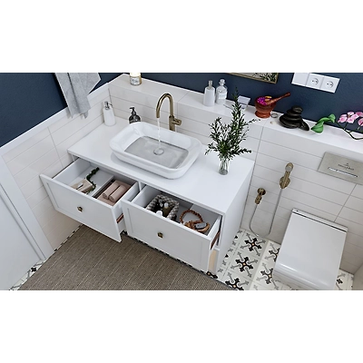 A Modern Classical Bathroom With A Blue Eggshell Wall Finish And Ceramic Tiles-2