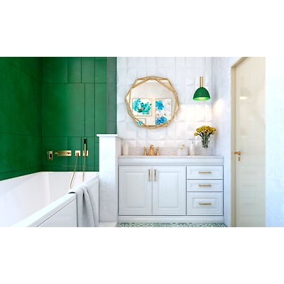 A Classic Take On A Modern Bathroom With Rich Green Walls And Gold Accents-DC631