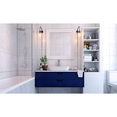 A Clean And Simple Bathroom Design With A Striking Blue Vanity-DC632