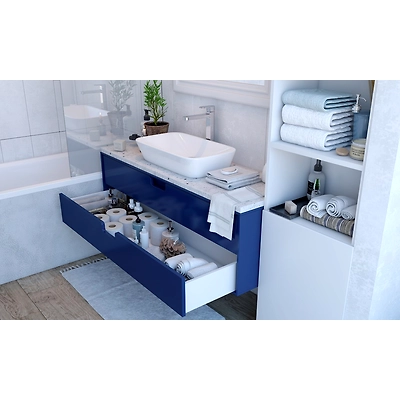 A Clean And Simple Bathroom Design With A Striking Blue Vanity-1