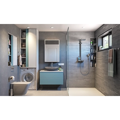 A Grey And White Bathroom With A Patch Of Sky Blue-DC634