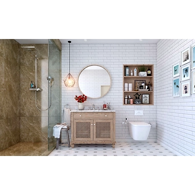 A White Bathroom With A Brown Marble Shower Cubicle-DC642
