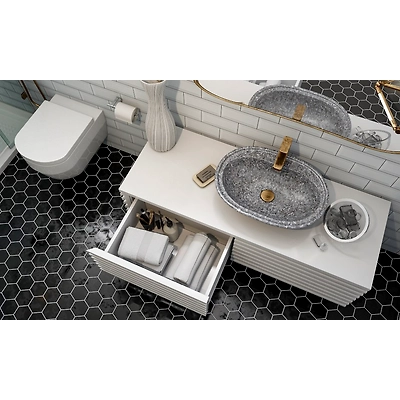 A Retro Style Bathroom Designed With Hexagon Shaped Tiles In Black-1