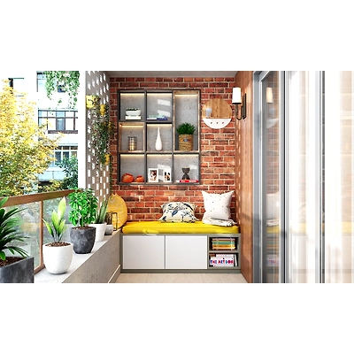 A Balcony Design With A Brick Wall And Open Shelves-DC649