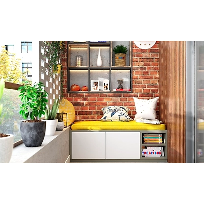 A Balcony Design With A Brick Wall And Open Shelves-1