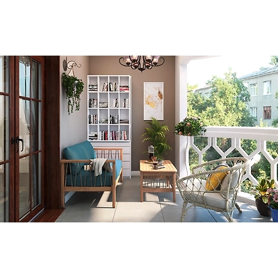 A Sophisticated Balcony Setup With A Wooden Loveseat-1