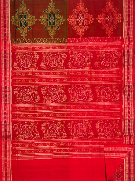 Sambalpuri Cotton Saree (Red &amp; Green) By Koustuva Exports