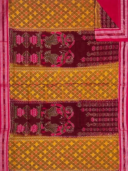 Sambalpuri Cotton Saree (Maroon &amp; Yellow) By Koustuva Exports