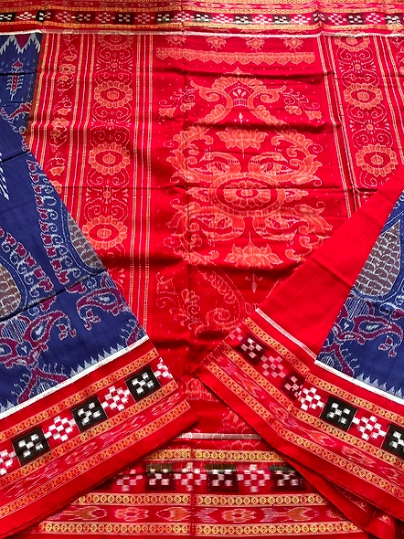 Sambalpuri Cotton Saree (Bule & Red) By Koustuva Exports