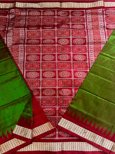 Sambalpuri Silk Saree (Dark Green & Red) By Koustuva Exports