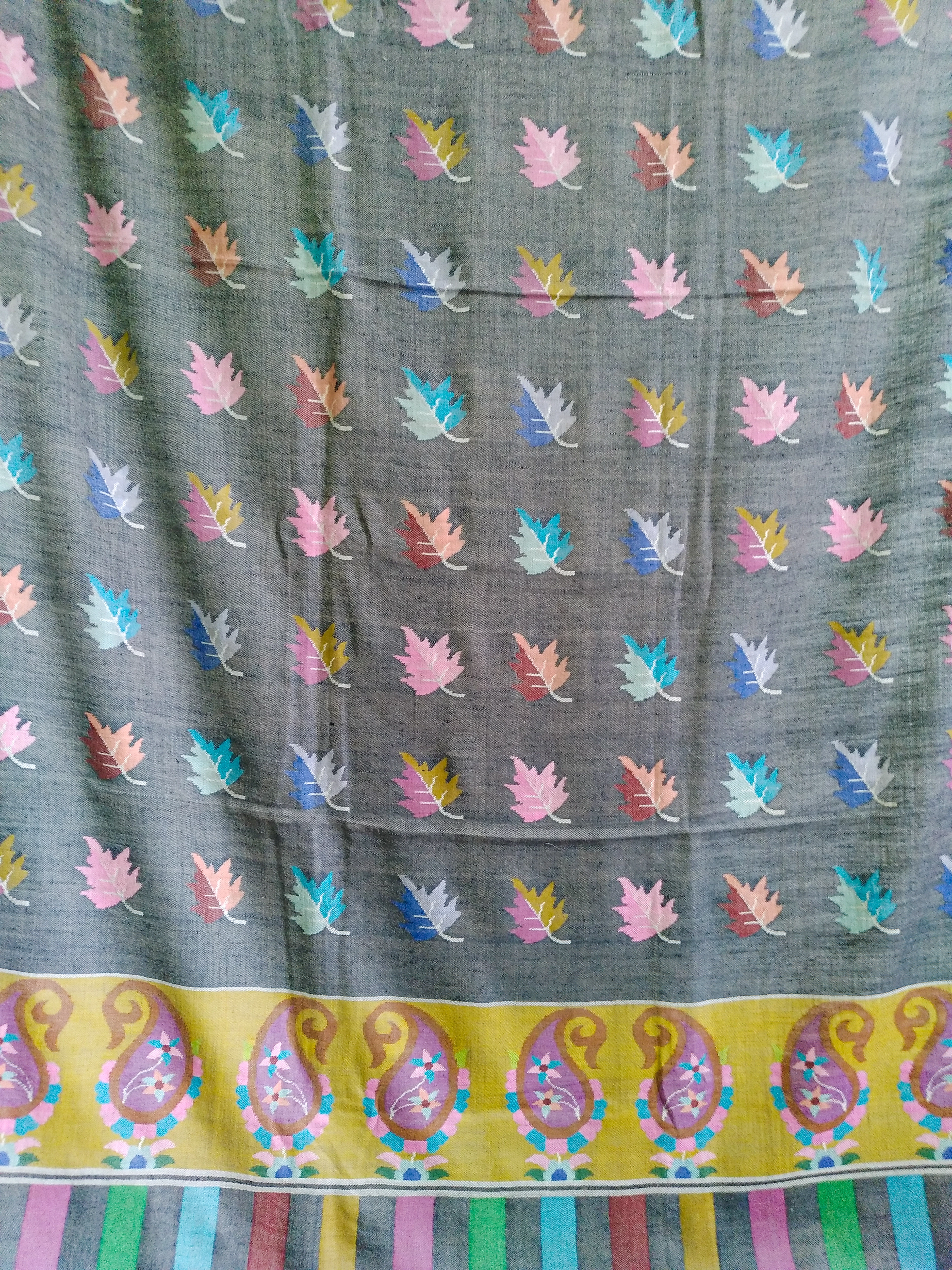 Grey Colour Kani Shawl with Leaves-2