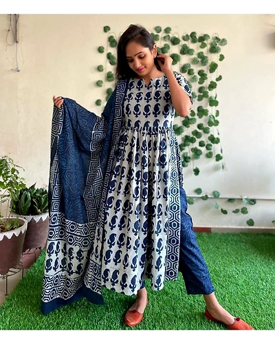 COTTON INDIGO PRINTED KURTI PANT DUPPATA SET-1