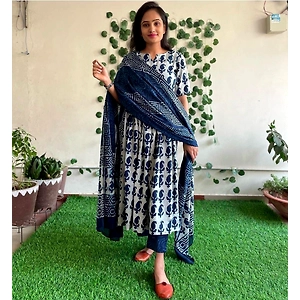 COTTON INDIGO PRINTED KURTI PANT DUPPATA SET