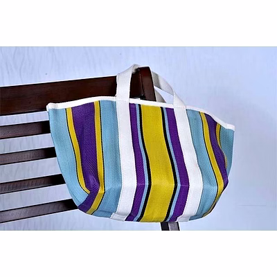 customised recycled market nylon striped(yellowish blue) tote bag with cotton webbing straps