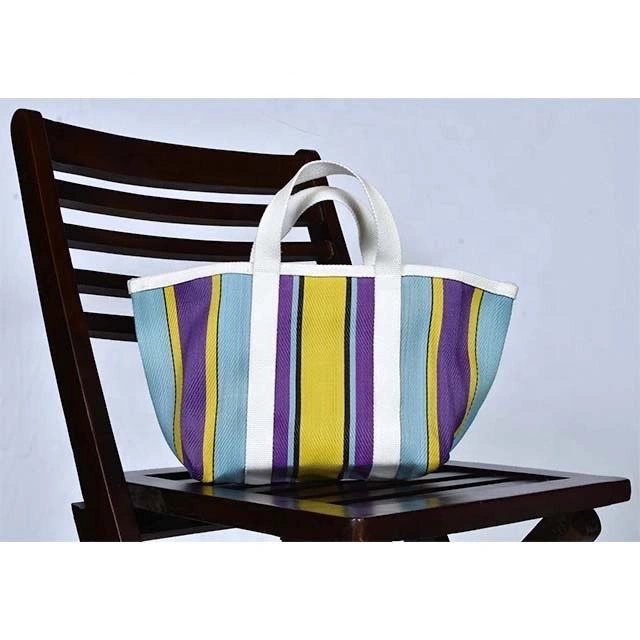 Customised Recycled Market Nylon Striped(Yellowish Blue) Tote bag With Cotton Webbing Straps-Multicolor-1