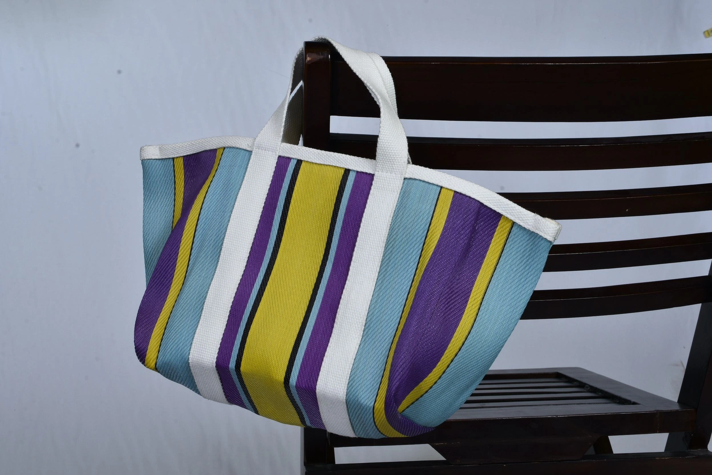 Customised Recycled Market Nylon Striped(Yellowish Blue) Tote bag With Cotton Webbing Straps-Multicolor-2