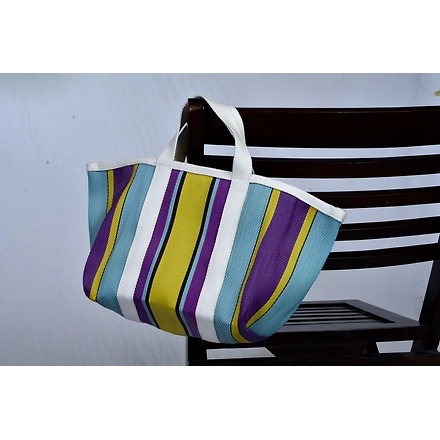 Customised Recycled Market Nylon Striped(Yellowish Blue) Tote bag With Cotton Webbing Straps-Multicolor-2