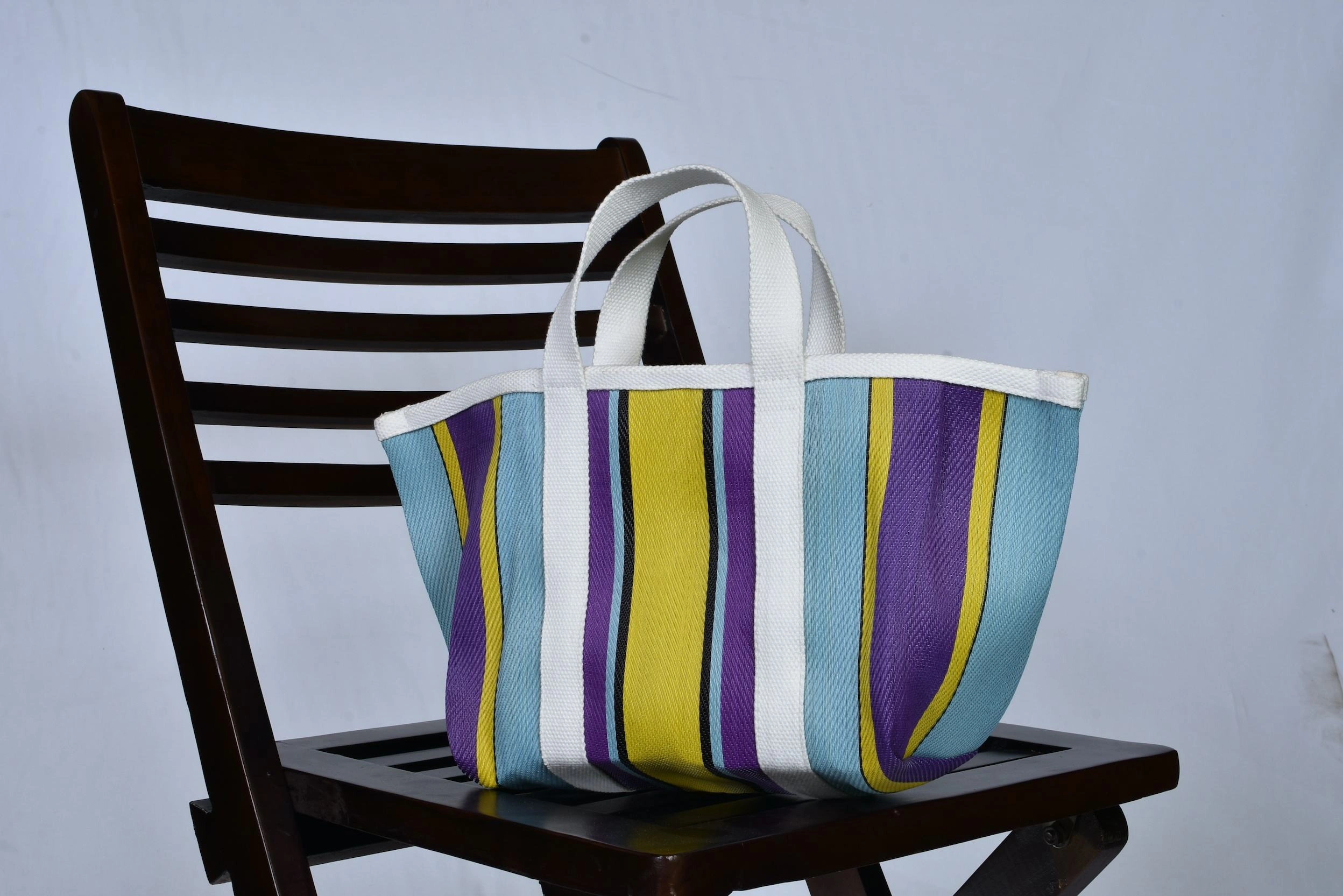 Customised Recycled Market Nylon Striped(Yellowish Blue) Tote bag With Cotton Webbing Straps-Multicolor-3