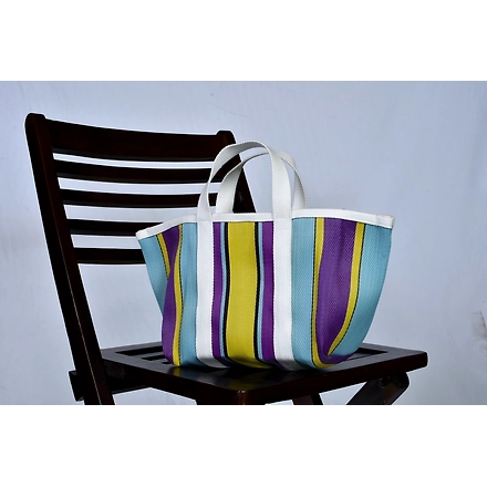 Customised Recycled Market Nylon Striped(Yellowish Blue) Tote bag With Cotton Webbing Straps-Multicolor-3