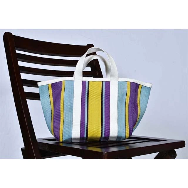 Customised Recycled Market Nylon Striped(Yellowish Blue) Tote bag With Cotton Webbing Straps-Multicolor-5