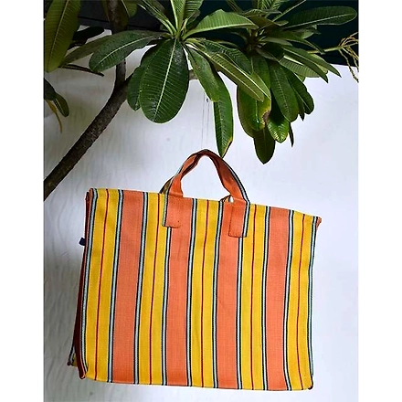 Customised Recycled Nylon Striped(Yellowish Orange) Indian Market Shopping Bag-Jam1002