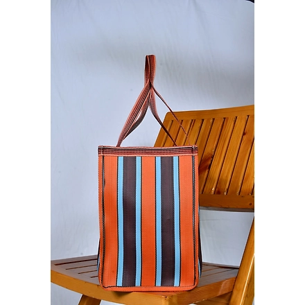 Customised Recycled Nylon Striped(Blueish Orange) Indian Market Shopping Bag-Customised-2